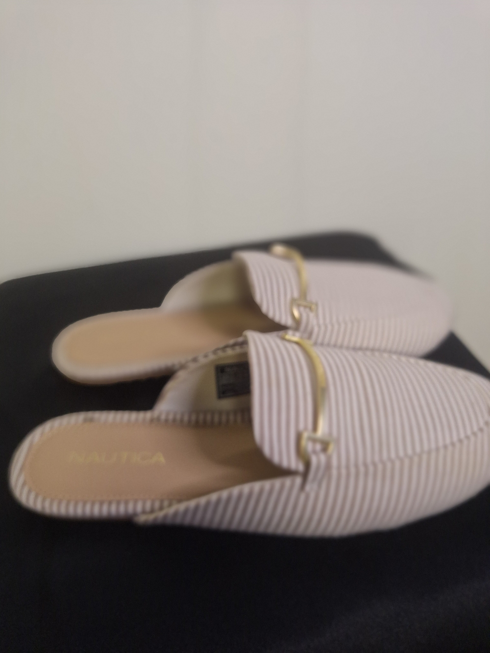 Nautica Beige Striped Slip-On Mules W/Gold Band Size 6.5